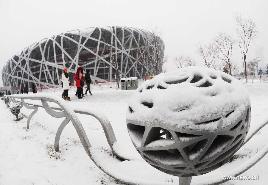 People visit the Beijing Olympic Park in snow in Beijing, capital of China, Jan. 20, 2013. A snow hit the capital city on Sunday. (Xinhua/Gong Lei)  