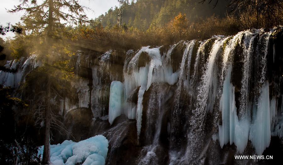 Photo taken on Jan. 19, 2013 shows icefall scenery in Jiuzhai Valley in Jiuzhaigou County, southwest China's Sichuan Province. (Xinhua/Jiang Hongjing)