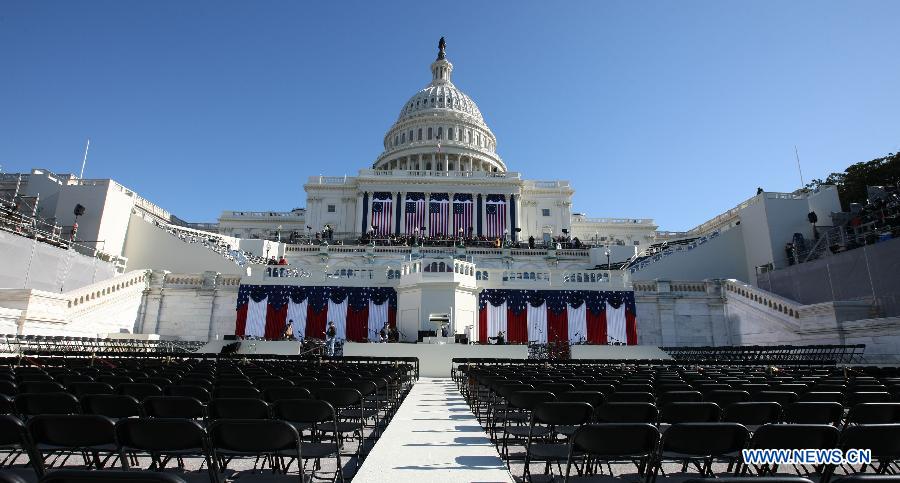 The west front of the U.S. Capitol is pictured during preparations for U.S. President Barack Obama's second inauguration in Washington D.C., the United States, Jan. 20, 2013. An estimated 800,000 people may attend Monday's inauguration ceremony and parade. (Xinhua/Fang Zhe) 