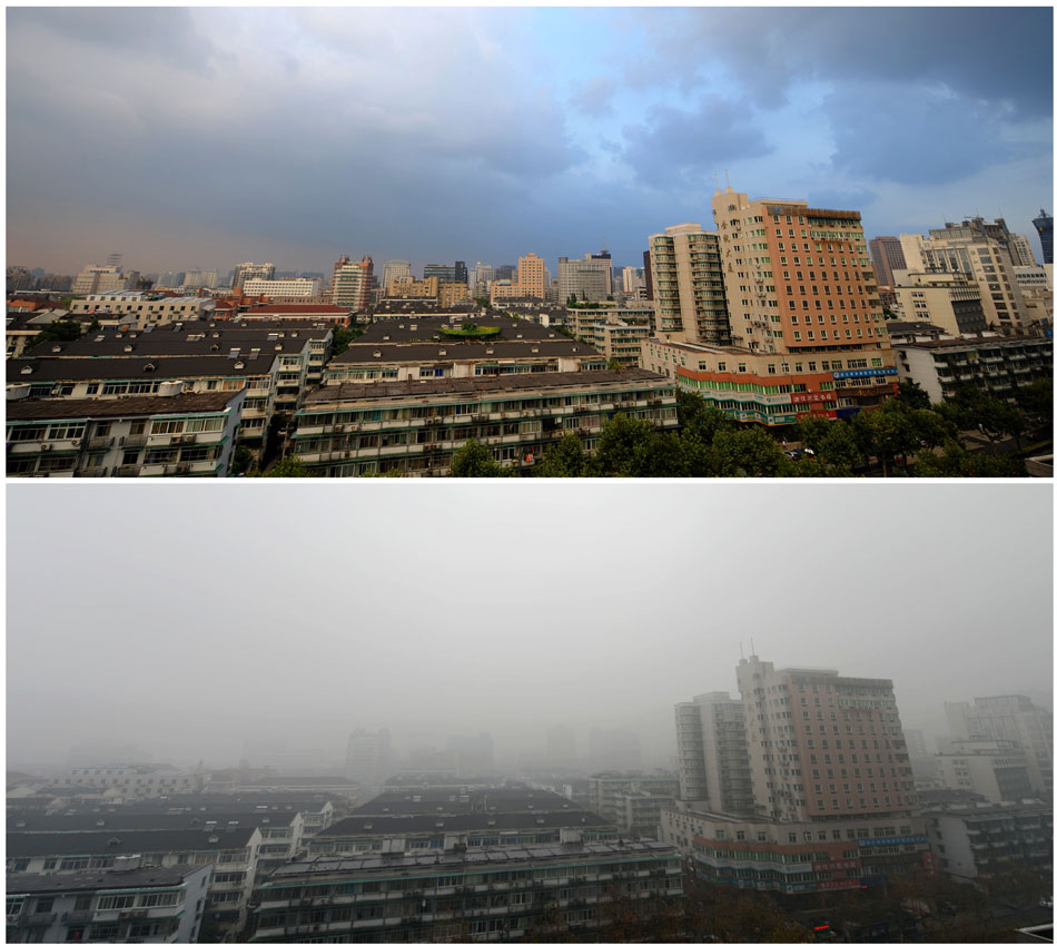 A combined photo shows the different skies of the same area of Hangzhou taken on Aug. 16, 2012 (above) and on Jan. 13, 2012 (below). (Xinhua/Fu Chuanhao)