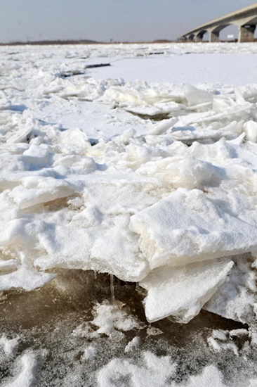 Drift ice is seen on the Yinchuan section of the Yellow River in Northwest China's Ningxia Hui autonomous region, on Jan 21, 2013. (Photo/Xinhua)