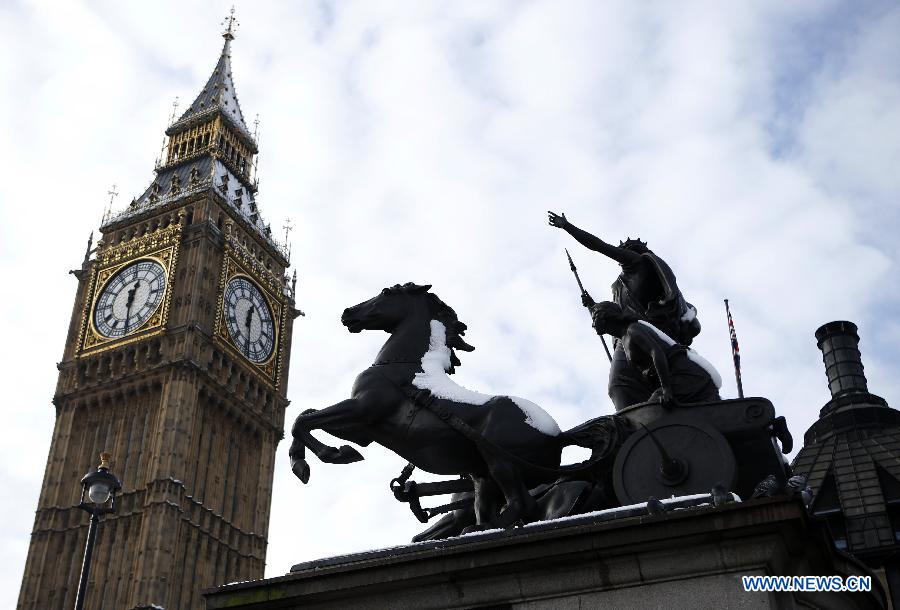 The Big Ben is seen after a snowfall in London, Britain, Jan. 21, 2013. (Xinhua/Wang Lili) 