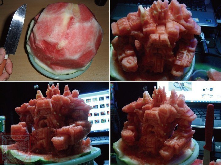 Sculpture of transformer: watermelon is carved into the figure of transformer. . . （Photo/CNBN）