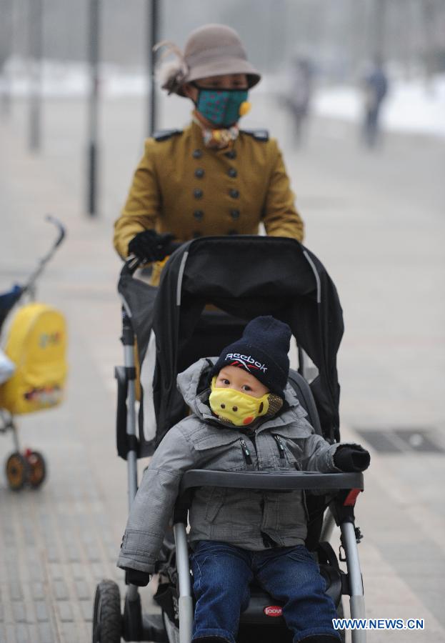 A woman and a baby boy wearing masks are seen in fog-enveloped Beijing, capital of China, Jan. 23, 2013. The air quality hit the level of serious pollution in Beijing on Wednesday, as smog blanketed the city. (Xinhua/Luo Xiaoguang) 