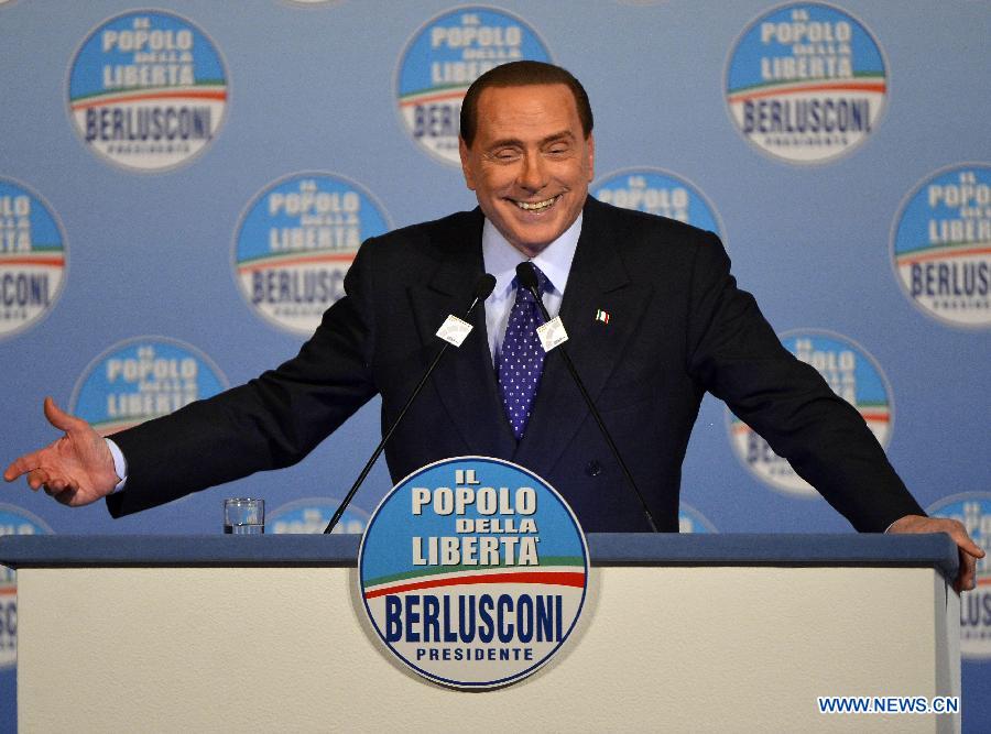 Italy's former Prime Minister Silvio Berlusconi delivers a speech during a campaign rally to present the list of the People of Freedom Party (PDL) candidates for the upcoming general elections, in Rome on January 25, 2013. (Xinhua/Alberto Lingria) 