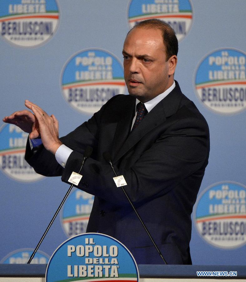 People of Freedom Party (PDL) secretary Angelino Alfano delivers a speech during a campaign rally to present the list of the PDL candidates for the upcoming general elections, in Rome on January 25, 2013. (Xinhua/Alberto Lingria) 