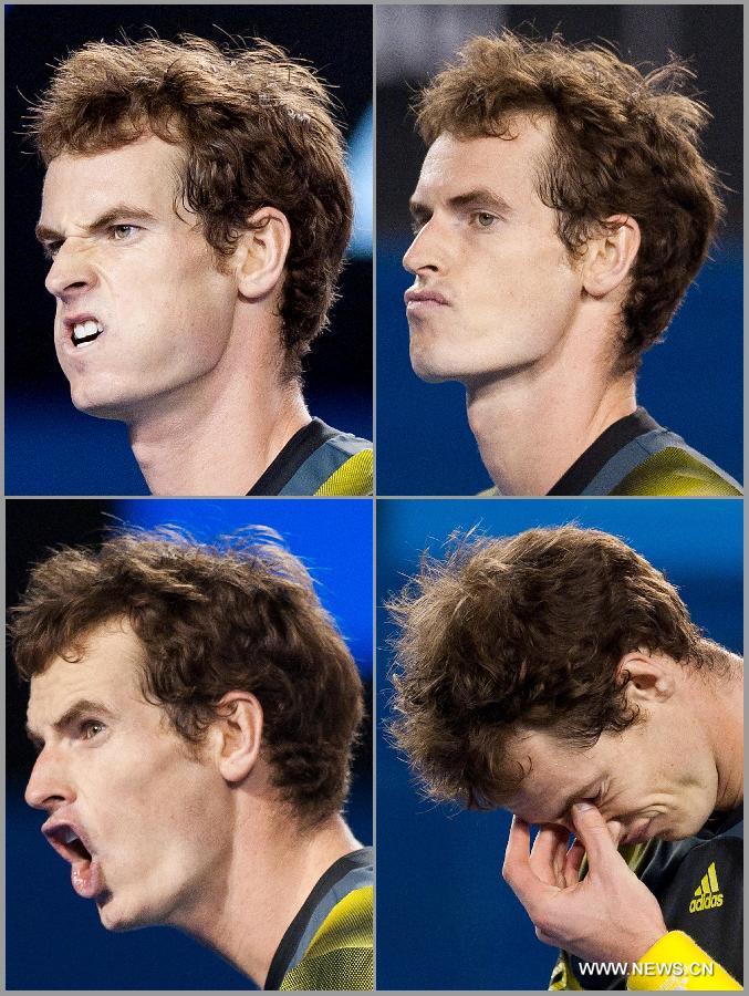 This combo shows Andy Murray of Britain reacts during the men's singles semifinal match against Roger Federer of Switzerland at the 2013 Australian Open tennis tournament in Melbourne, Australia, Jan. 25, 2013. Murray won 3-2 to enter the final. (Xinhua/Bai Xue) 