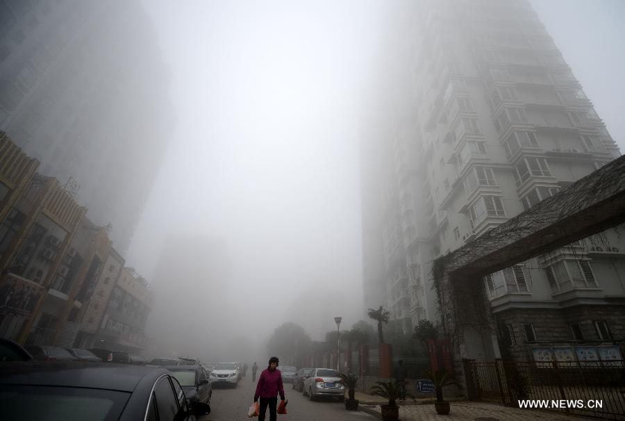 Buildings are shrouded in heavy fog in Nanchang, capital of east China's Jiangxi Province, Jan. 26, 2013. (Xinhua/Zhou Ke) 