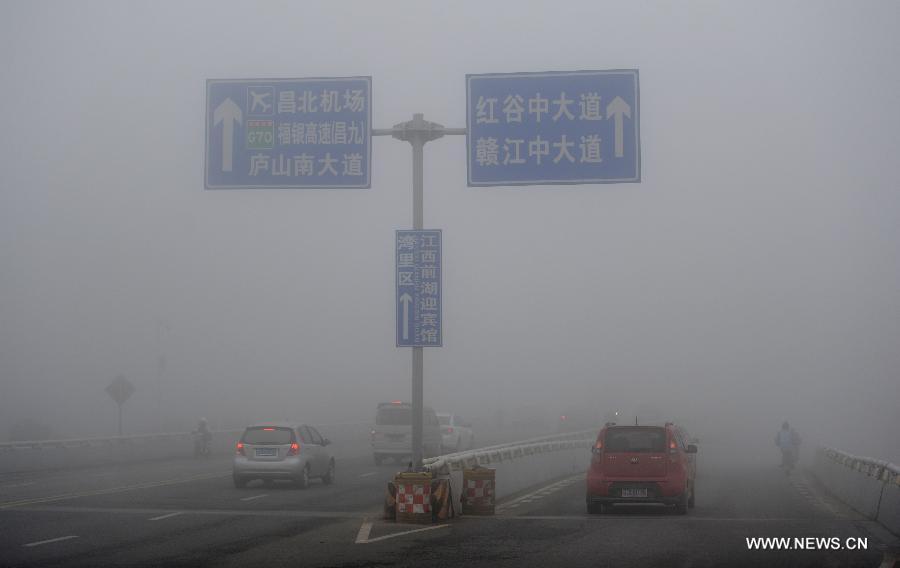 Vehicles run on fog-shrouded bridge in Nanchang, capital of east China's Jiangxi Province, Jan. 26, 2013. (Xinhua/Zhou Ke) 