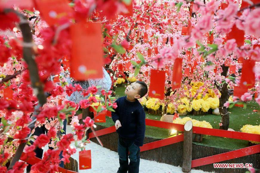 A little boy views the cards with people's New Year wishes written on them under a wishing tree at a shopping mall in Wangfujing, a commercial area in Beijing, capital of China, Jan. 26, 2013. (Xinhua/Luo Wei) 