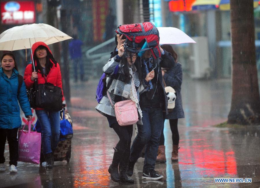 Passengers make their way to the railway station in the rain on the square of the Nanning Railway Station in Nanning, capital of south China's Guangxi Zhuang Autonomous Region, Jan. 26, 2013. As the Spring Festival, which falls on Feb. 10 this year, draws near, lots of people rushed to start their journey home. (Xinhua/Huang Xiaobang)