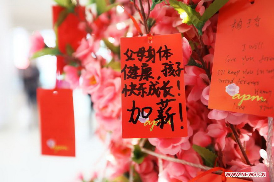 Cards with people's New Year wishes written on them are tied to a wishing tree at a shopping mall in Wangfujing, a commercial area in Beijing, capital of China, Jan. 26, 2013. (Xinhua/Luo Wei)