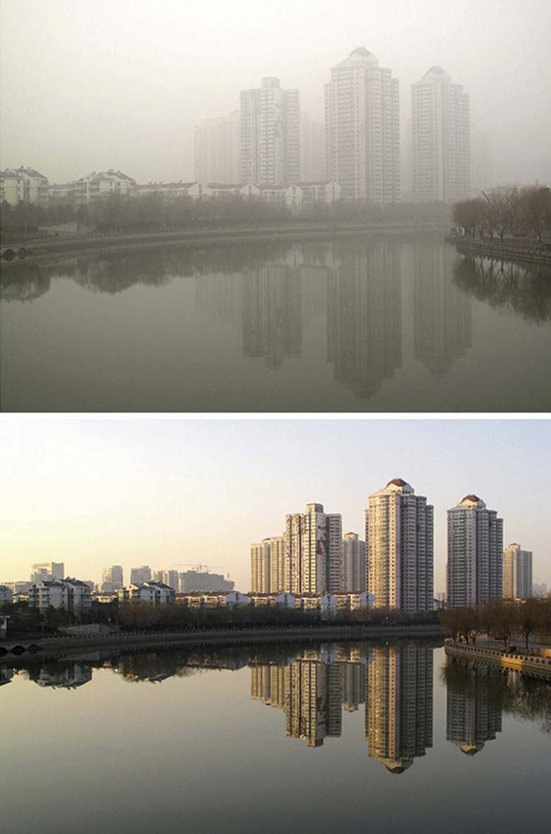 A combined photo shows scenes of the Qinhuai River in smog on Jan. 22 (top) and in sunny day on Jan. 18, 2013. The central metrological station issued a smog blue alert. (Photo/Xinhua)