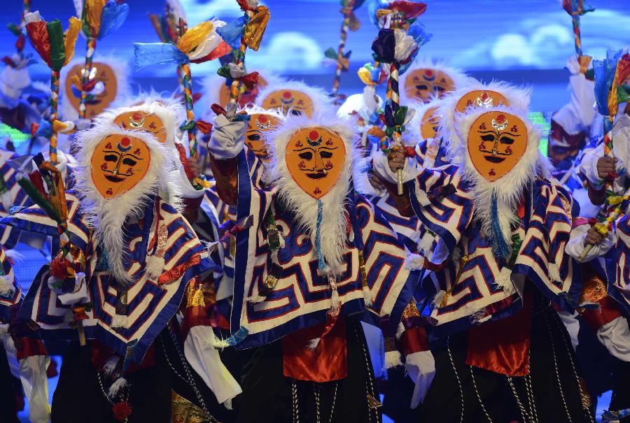 Actors perform a Tibetan opera during a rehearsal for the Tibetan New Year or Losar TV show in Lhasa, capital of southwest China's Tibet Autonomous Region, Jan. 27, 2013. Losar, the most important festival of the Tibetan ethnic group, falls on Feb. 11 this year. (Xinhua/Purbu Zhaxi)