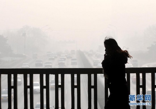 A woman is seen in Beijing’s Xicheng District, Jan. 12. Beijing's meteorological center on Monday issued a yellow-coded alert for haze as the fourth foggy weather in this month hit the city and cuts the visibility below 3,000 meters in major parts of Beijing. (Photo/Xinhua)
