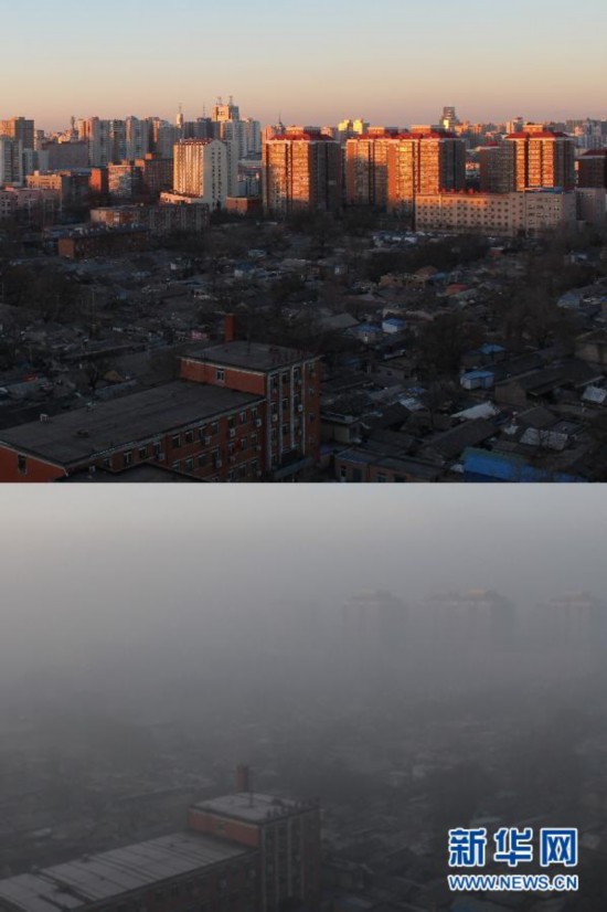 A combined photo shows the sharp contrast of a residential area under clear and grey sky taken on Jan. 9 (above) and Jan. 12 (below). Beijing's meteorological center on Monday issued a yellow-coded alert for haze as the fourth foggy weather in this month hit the city and cuts the visibility below 3,000 meters in major parts of Beijing. (Photo/Xinhua)