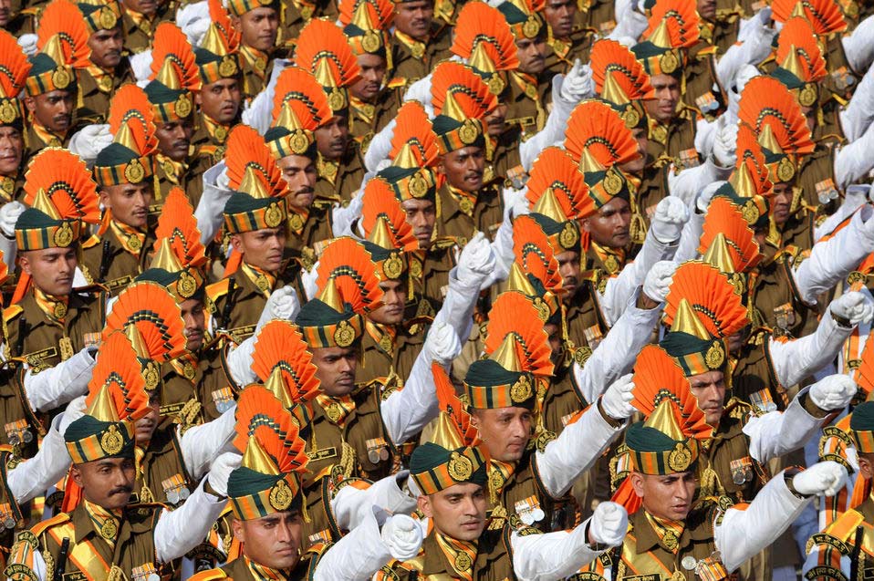 An Indian army soldier gives command as he leads a contingent during a dress rehearsal for the annual Republic Day parade in New Delhi, India, Jan. 23, 2013. India celebrates Republic Day annually on Jan. 26. (Xinhua/AFP)