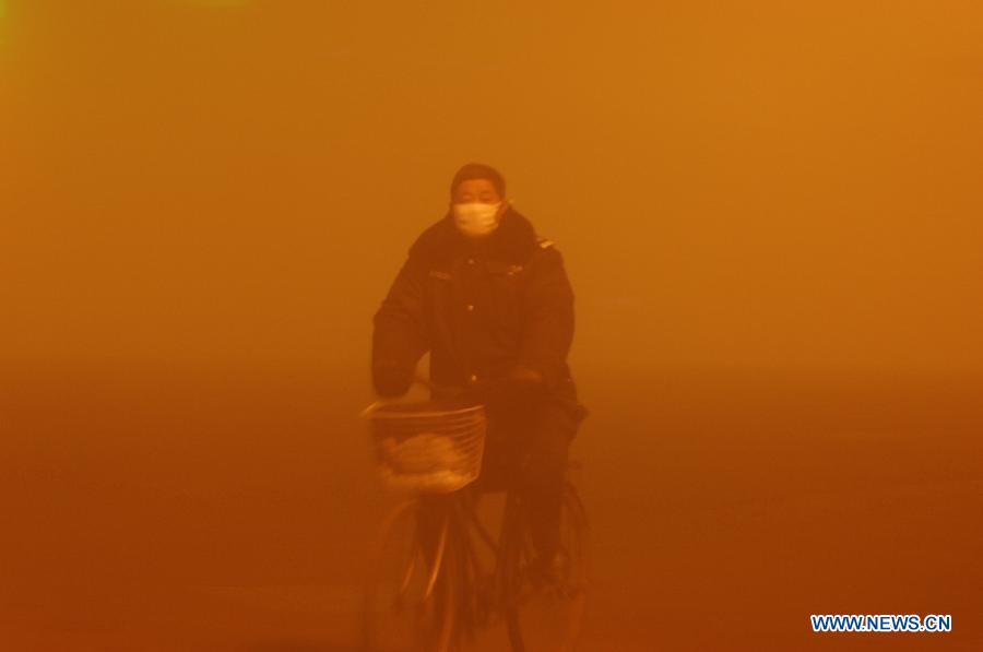 A citizen rides amid fog in Hefei, east China's Anhui Province, Jan. 28, 2013. The National Meteorological Center (NMC) issued a blue-coded alert on Jan. 27 as foggy weather forecast for the coming two days will cut visibility and worsen air pollution in some central and eastern Chinese cities. (Xinhua/Yang Xiaoyuan) 