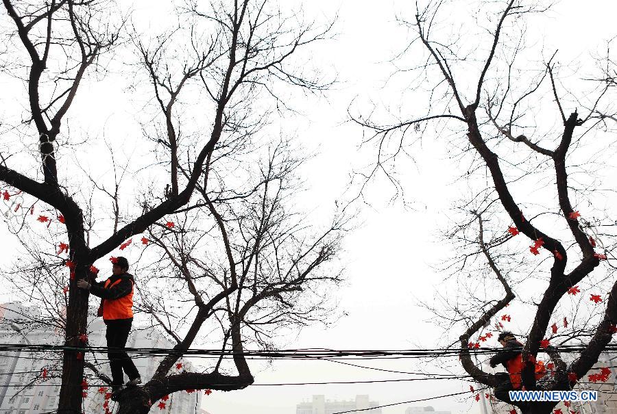 Workers install illuminations onto the trees in Beijing, capital of China, Jan. 30, 2013. The meteorological observatory in Beijing issued an orange alert and a yellow alert against heavy fog and haze respectively on 6:00 am Wednesday. Heavy fog has been lingering in central and eastern China since Tuesday afternoon, disturbing the traffic. (Xinhua/Li Fangyu)