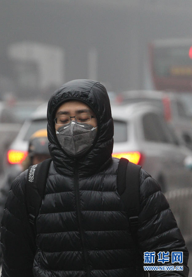 Beijing resident wears a breathing mask outside in the early morning of January 29th, 2013. (Photo/Xinhua)