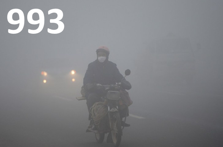 According to data released at Beijing's Xizhimen monitoring station, the concentration of PM2.5 reached as high as 993 micrograms per cubic meter at 11:00pm, Jan. 12, cited as "beyond index" as it surpassed generally identified pollution levels.(china.org.cn)