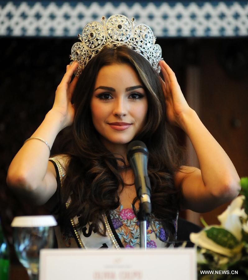 Miss Universe 2012 Olivia Culpo of the United States attends a press conference at Sahid Hotel in Jakarta, Indonesia, Jan. 31, 2013. Olivia Culpo visited Indonesia for the Putri Indonesia Beauty Pageant on Feb. 1. (Xinhua/Veri Sanovri)