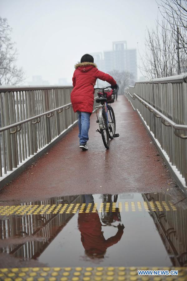 A woman pushes a bike on an overpass near the Lugu Street of Shijingshan District in Beijing, capital of China, Jan. 31, 2013. Snow hit parts of the city on Thursday and the local meteorological observatory issued the yellow alert for icy road. (Xinhua/Lu Peng)