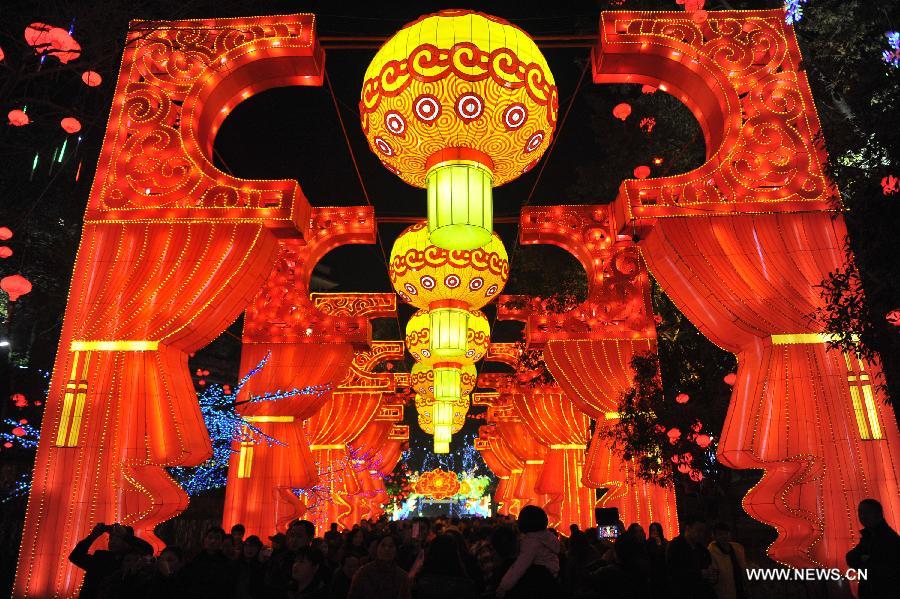 Illuminations are seen during a preview of the 19th Zigong International Dinosaur Lantern Festival in Zigong, southwest China's Sichuan Province, Feb. 2, 2013. The lantern festival is scheduled to be held here to celebrate the Chinese Lunar New Year. (Xinhua/Lu Peng) 