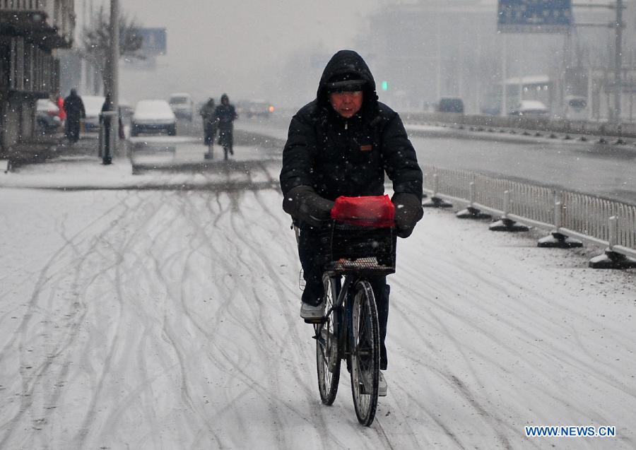 A citizen rides bicycle in the snow in Tianjin, north China, Feb. 3, 2013. A new round of cold snap has brought rain and snow to most parts of China. (Xinhua/Zhang Chaoqun)