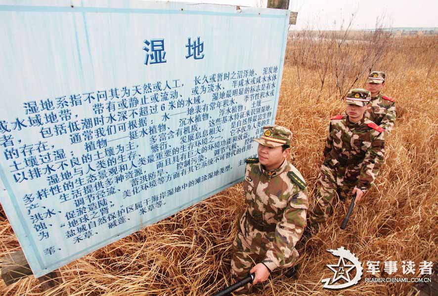 Soldiers from Yancheng border detachment patrol the wetlands at national nature reserve of rare birds in Yancheng, east China's Jiangsu province. (China Military Online/Zhang Shanyu, Xiajun)