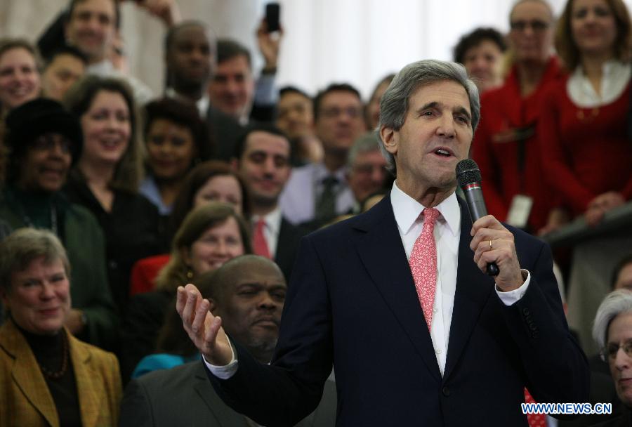 U.S. Secretary of State John Kerry speaks during the welcoming ceremony at the Department of State in Washington D.C. on Feb.4, 2013. John Kerry was sworn in on Friday to succeed Hillary Clinton to become U.S. Secretary of State. (Xinhua/Fang Zhe) 