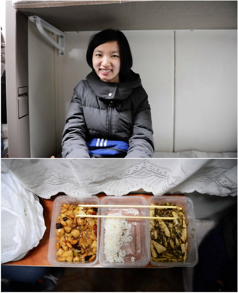 Yao, 22, works in civil aviation industry in Beijing. Her boyfriend prepared takeaway supper comprising rice and two dishes for her. The meal cost 60 yuan. She said she would take the leftover home, because it is the love from his boyfriend. (Xinhua/Zhou Mi)