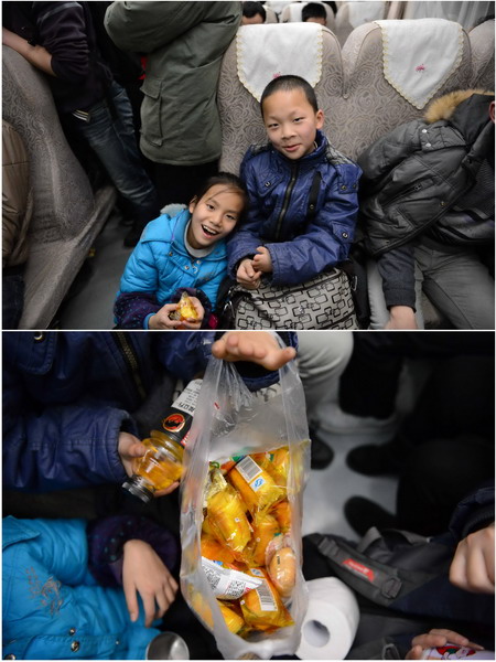 Kang and his brother Zhou, 10 and 11, are primary school students in Beijing. They went back to hometown with their mother. Their dinner was a cake that cost 17 yuan. Going home made them so excited that they nearly forgot to eat the cake. (Xinhua/Zhou Mi)