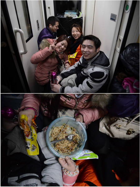 Mr. Li, his brother, sister and wife sell traditional products in Beijing. Their supper is Peking duck, dried Tofu, and Nanchang fried noodle from their own shop; it cost 25 yuan. They booked tickets 20 days in advance, but only got standing tickets .They were still happy because they were on the way home. (Xinhua/Zhou Mi)