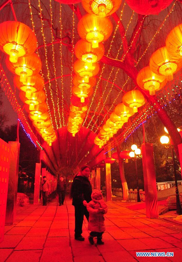 Local citizens look at festive lanterns at a lantern show in Baotuquan Park of Jinan, capital of east China's Shandong Province, Feb. 6, 2013. The 34th Baotuquan Spring Festival lantern show kick off on Wednesday at the park. (Xinhua)