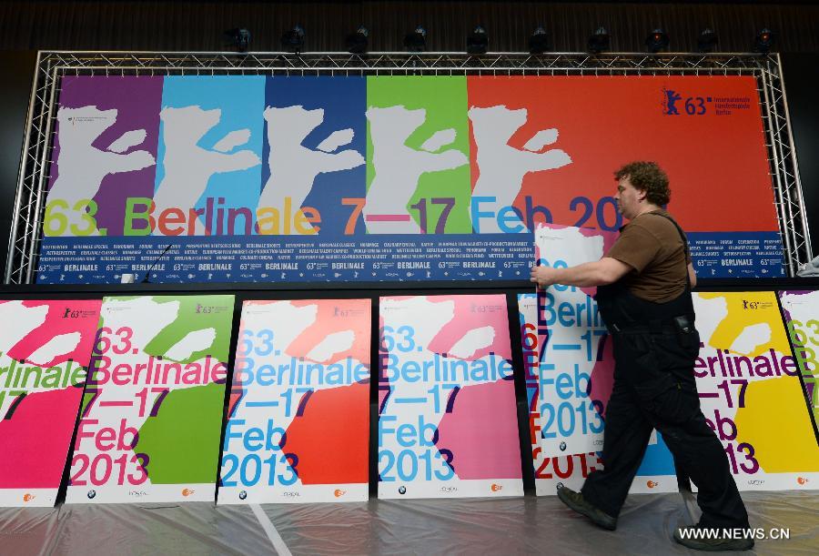 Workers preprare for the press room in Berlin, capital of Germany, Feb. 6, 2013. The 63rd Berlinale film festival is scheduled to be held from Feb. 7 to 17. (Xinhua/Ma Ning)
