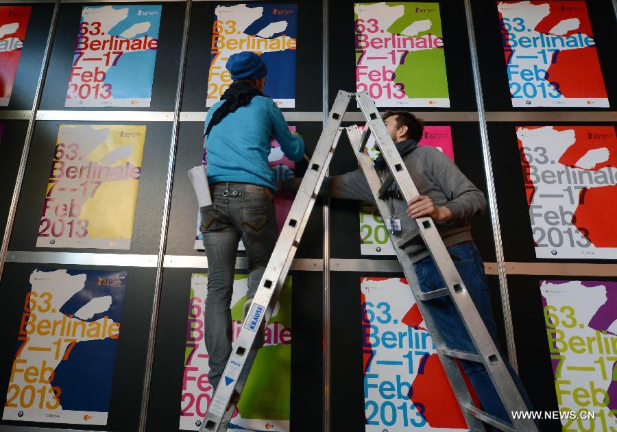 Workers preprare for the press room in Berlin, capital of Germany, Feb. 6, 2013. The 63rd Berlinale film festival is scheduled to be held from Feb. 7 to 17. (Xinhua/Ma Ning)
