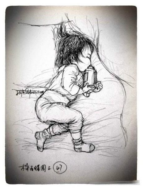 A child's portrait as drawn by her father.The father began to draw the pictures in January of 2011,and has now depicted about one hundred of his little girl's sleep positions.(China.org.cn)