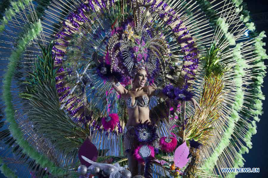 A contestant performs during the Carnival Queen pageant in Santa Cruz, Spain, Feb. 6, 2013. (Xinhua/Xie Haining)