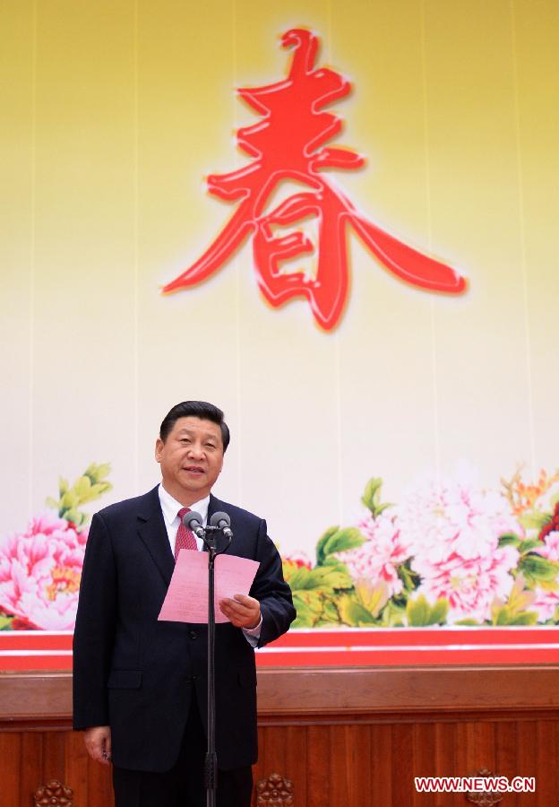 Xi Jinping, general secretary of the Central Committee of the Communist Party of China and chairman of the Central Military Commission, presides over a Spring Festival reception held by the Central Committee of the Communist Party of China and the State Council (Cabinet) at the Great Hall of the People in Beijing, capital of China, Feb. 8, 2013. (Xinhua/Ma Zhancheng) 