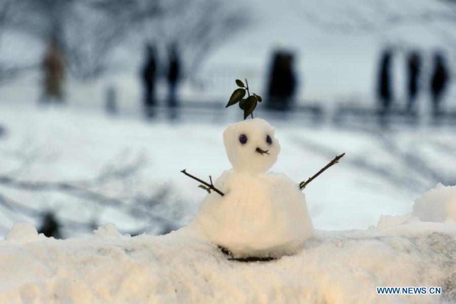 A snowman stands inside the Central Park of New York City, on Feb. 9, 2013. A massive blizzard dumped as much as three feet (one meter) of snow in parts of the Northeastern United States, leaving some 650,000 households and businesses without power and two dead by Saturday. (Xinhua/Wang Lei) 