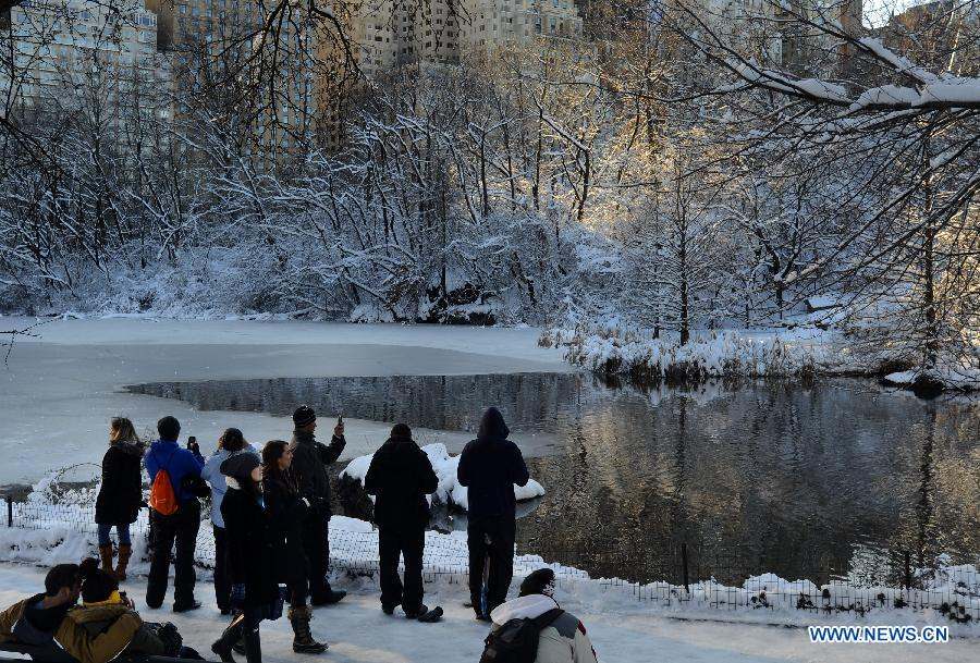 People enjoy themselves inside the Central Park of New York City, on Feb. 9, 2013. A massive blizzard dumped as much as three feet (one meter) of snow in parts of the Northeastern United States, leaving some 650,000 households and businesses without power and two dead by Saturday. (Xinhua/Wang Lei) 