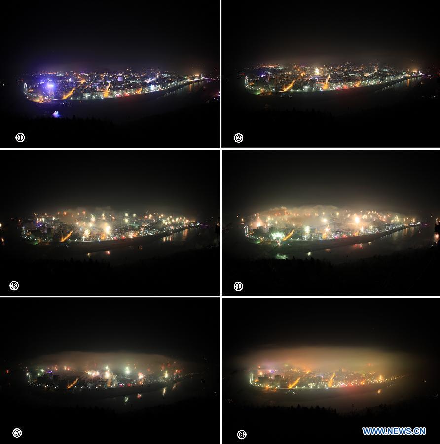 The chronologically sequenced combined photo taken from 22:51 on Feb. 9, 2013 to 00:13 on Feb. 10, 2013 shows the process of smog covering the downtown area of Zhushan County, central China's Hubei Province, as residents around the area set off fireworks around midnight to celebrate the arrival of Chinese Lunar New Year. Setting off fireworks is a tradition in China during the Spring Festival, which result in air pollution in varying degrees. (Xinhua/Zhang Lei)