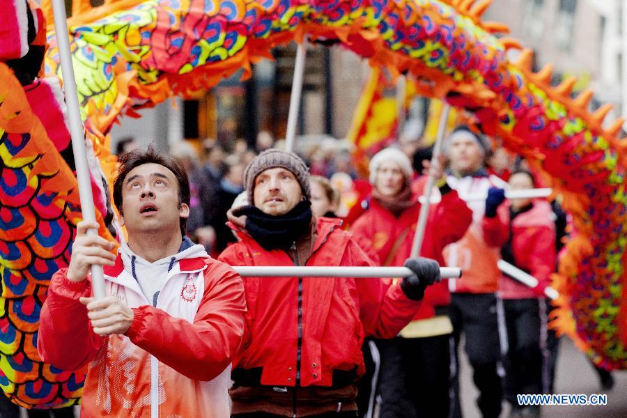 Members of a dragon dance team perform at the China Town during the Chinese Spring Festival celebration in the City Centre of the Hague, Feb. 9, 2013. (Xinhua/Rich Nederstigt) 