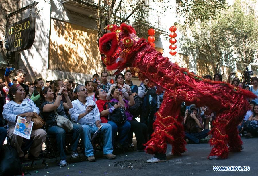 Members of a lion dance team perform during the Chinese Spring Festival celebration in the City Centre of Mexico City, capital of Mexico, Feb. 9, 2013. (Xinhua/Shi Sisi) 