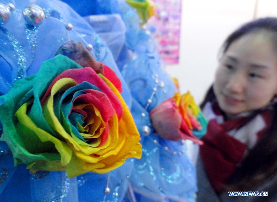 A flower shop staff member shows roses prepared for the sales peak during the upcoming Valentine's Day in Suzhou City, east China's Jiangsu Province, Feb. 11, 2013. (Xinhua/Wang Jiankang) 