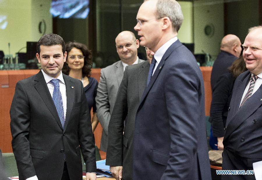 (L-R) Romania's Agriculture Minister Daniel Constantin, Irish Agriculture, Food and Marine Minister Simon Coveney, Sweden Minister of Rural Affairs Eskil Erlandsson chat before a meeting at EU headquarters in Brussels, capital of Belgium, Feb. 13, 2013, to discuss responses to the discovery of horsemeat in beef products in several EU countries. (Xinhua/Thierry Monasse) 