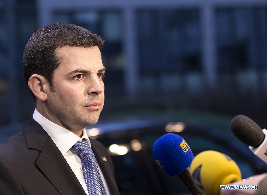 Romanian Minister of Agriculture Daniel Constantin speaks to media upon his arrival at a meeting at EU headquarters in Brussels, capital of Belgium, Feb. 13, 2013, to discuss responses to the discovery of horsemeat in beef products in several EU countries. (Xinhua/Thierry Monasse)