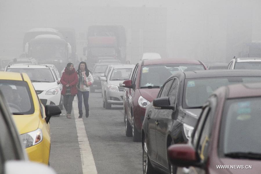 Vehicles wait at the entrance of an expressway that closed due to a dense fog, in east China's Jiangsu Province, Feb. 14, 2013. A heavy fog hit Jiangsu on Feb. 14, affecting the traffic. (Xinhua/Si Wei)