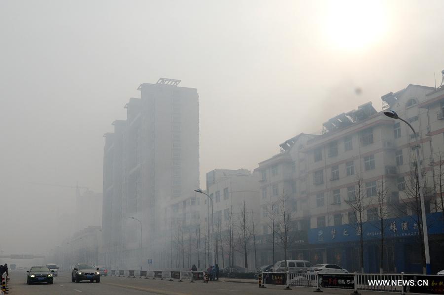 Vehicles move on a fog-shrouded road in Ganyu County, east China's Jiangsu Province, Feb. 14, 2013. A heavy fog hit Jiangsu on Feb. 14, affecting the traffic. (Xinhua/Zhu Daigui)